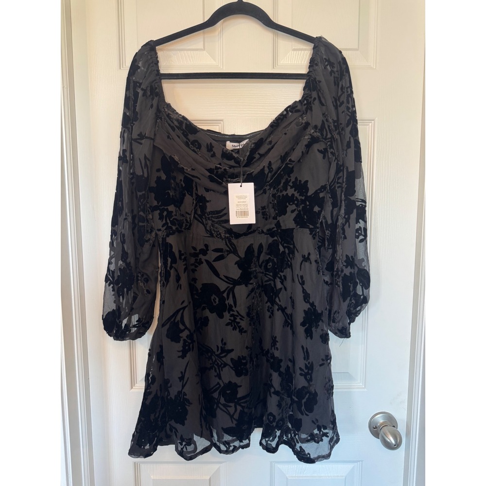 Showpo Jessell Mini Dress Long Sleeve Cowl Corset Ebony Burnout Velvet Floral 10
